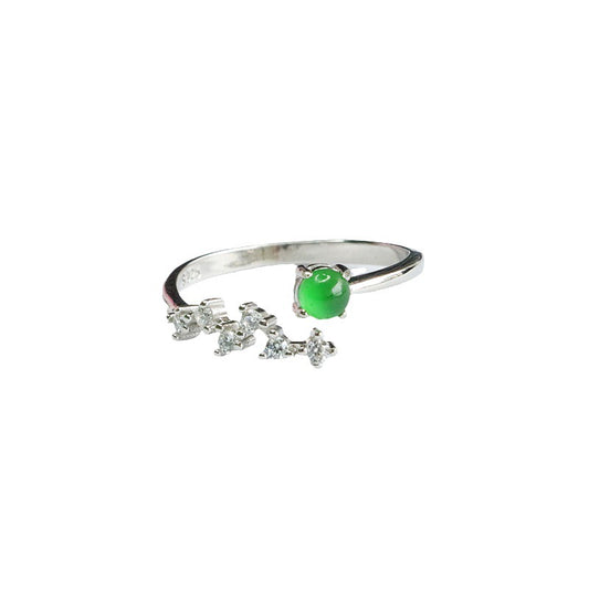 Sterling Silver Adjustable Ice Emperor Green Jade Ring with Zircon Stars
