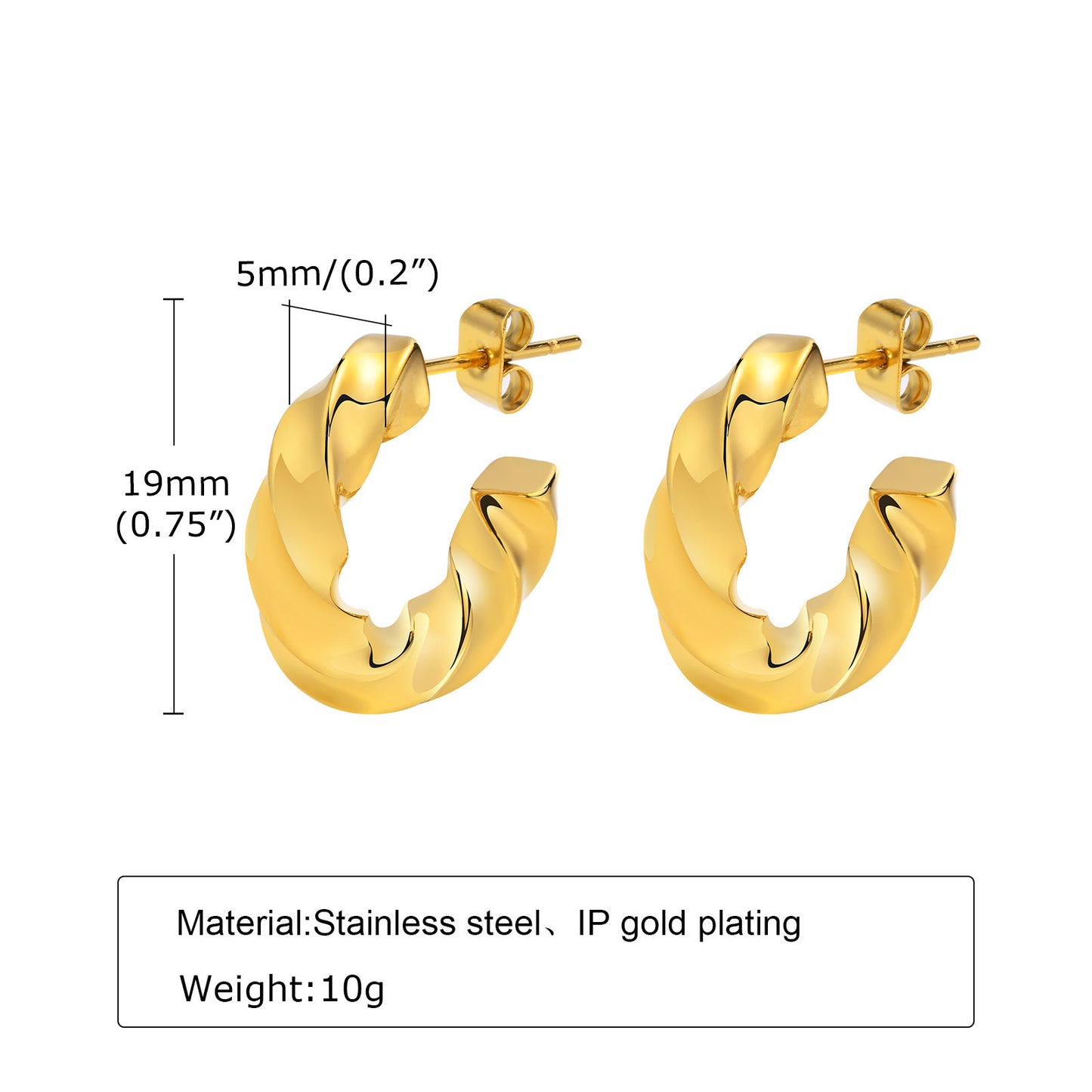 Stainless Steel Twist C-Earrings Gold Women's Trinkets