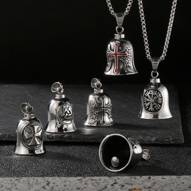 Viking Triangle Charm Locomotive Hanging Bells, Vintage Masonic Cross Angel Wings Bells Titanium Necklace