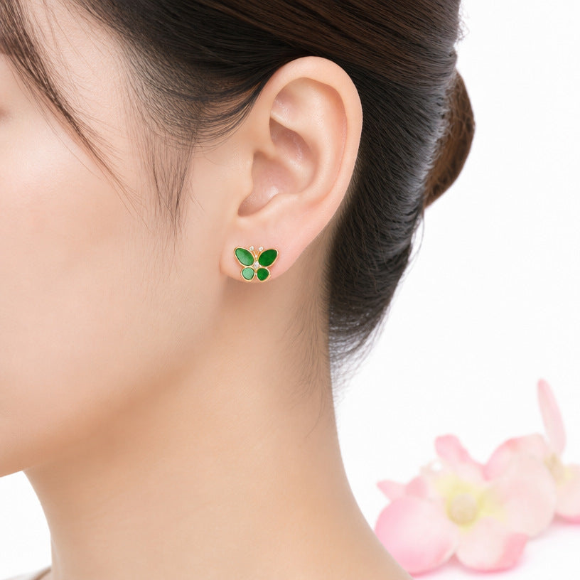 Green Jadeite Butterfly 925 Silver Stud Earrings
