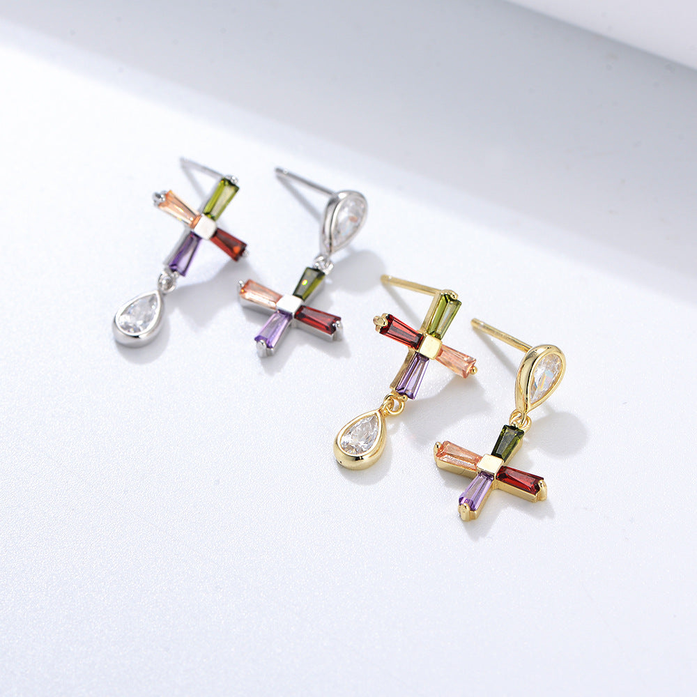 Color Zircon Asymmetric Cross Stud Earrings Sterling Silver Jewelry Earrings
