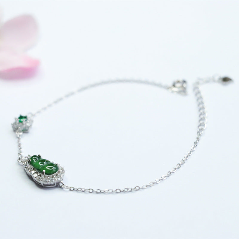 Burmese Jade Sterling Silver Bracelet with Natural Imperial Green Inlaid Ice Jade
