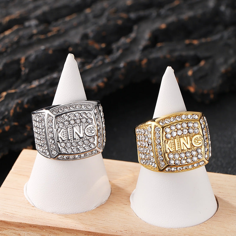 Planderful Zircon Square Ring Gold Plated Hip Hop King Men