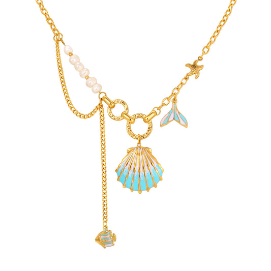 Ocean Vacation Stainless Steel Epoxy Blue Shell Small Fish Starfish Imitation Pearl Necklace