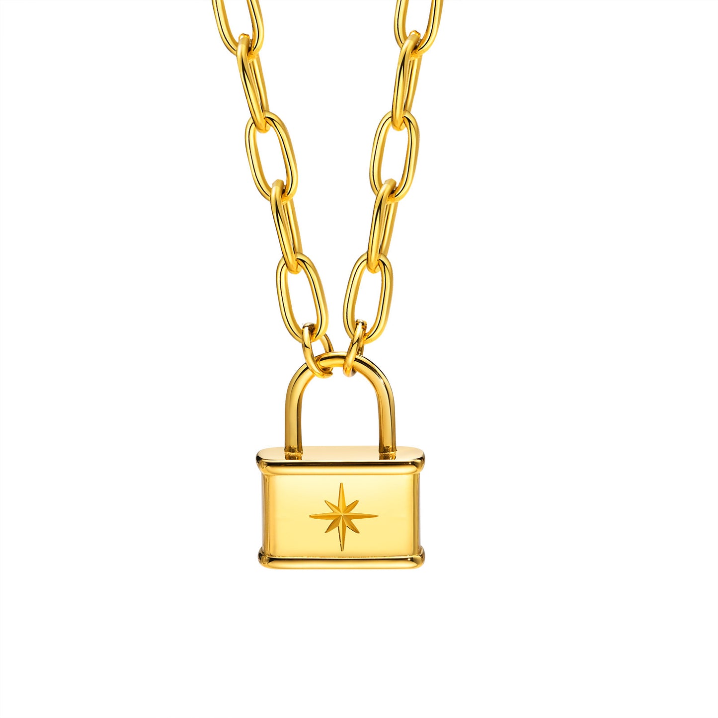 Stainless Steel Octagram Lock Necklace Gold Women Jewelry