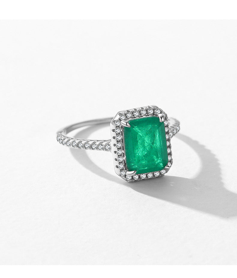 Luxurious Emerald Green Zircon Sterling Silver Ring for Women
