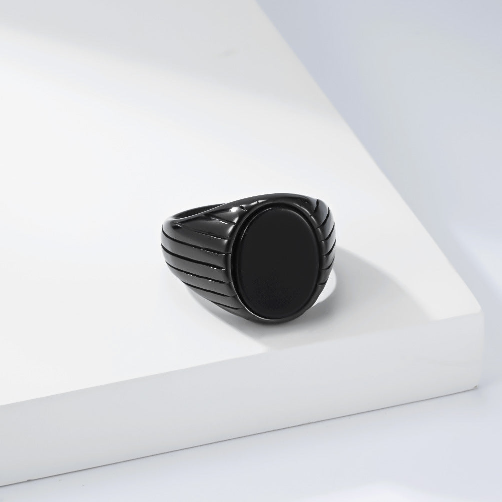 Minimalist Stainless Steel Black Gemstone Ring Men's