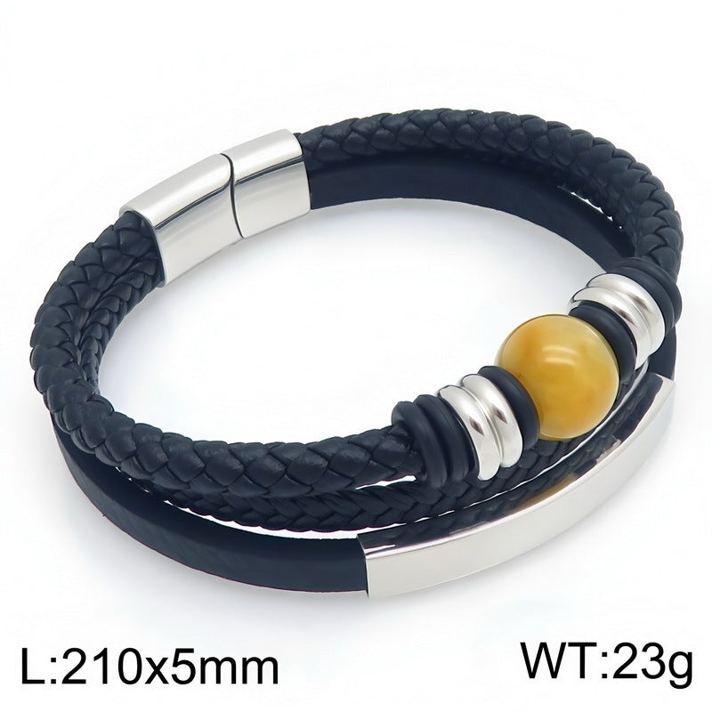 Turquoise Tiger's Eye Stone Multi-Layer Woven Leather Bracelet Lettering Curved Bar