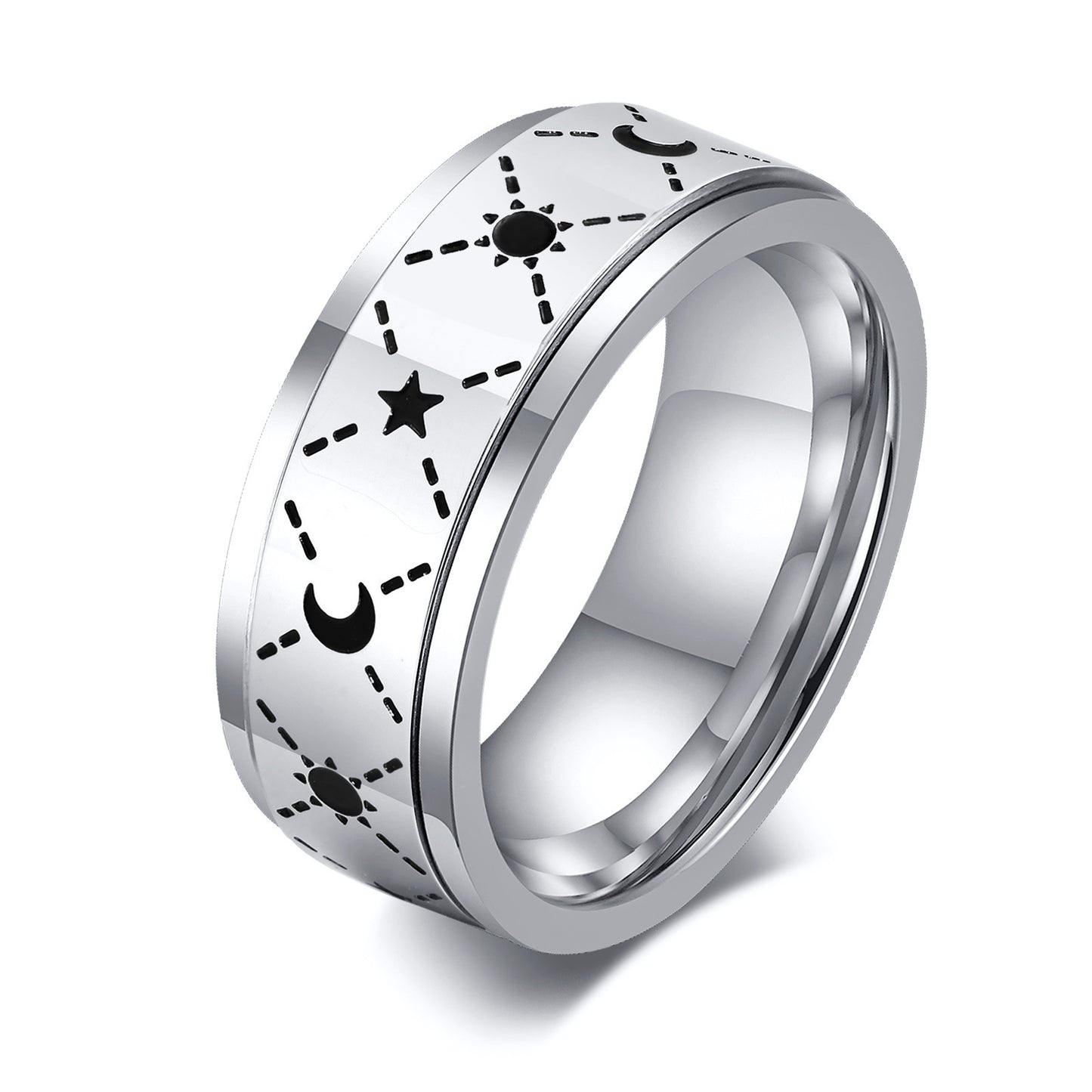 Stainless Steel Corroded Sun Moon Rotatable Ring for Men