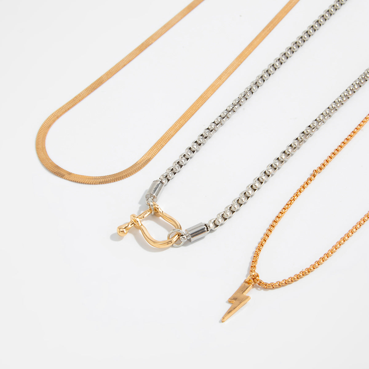 Metal Chain Tapered Geometric Pendant Necklace Creative Lightning Punk Stacked