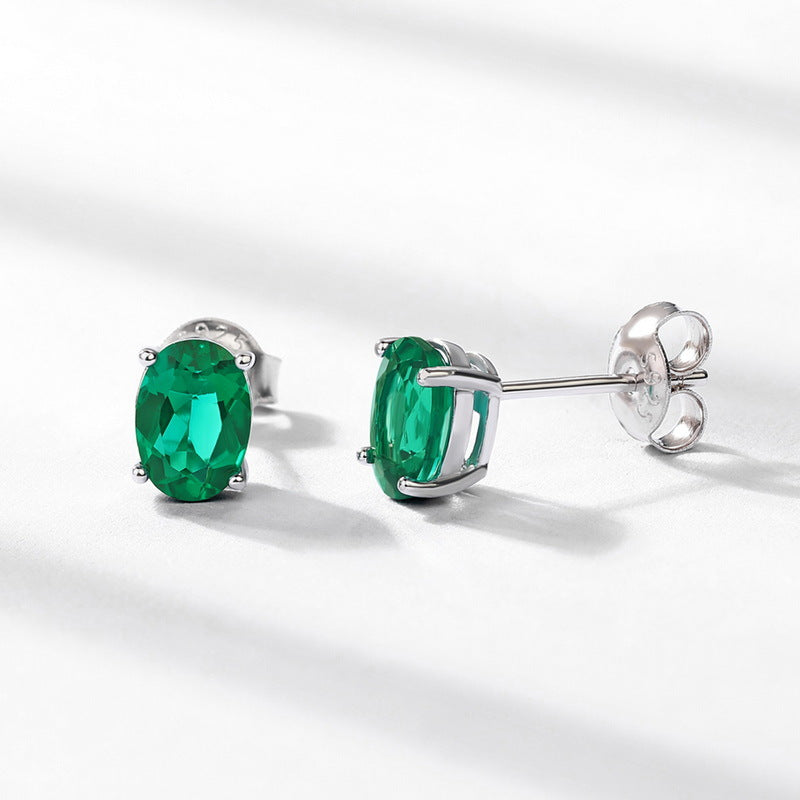 S925 Sterling Silver Lab-Grown Emerald Oval 5 × 7 mm Stud Earrings