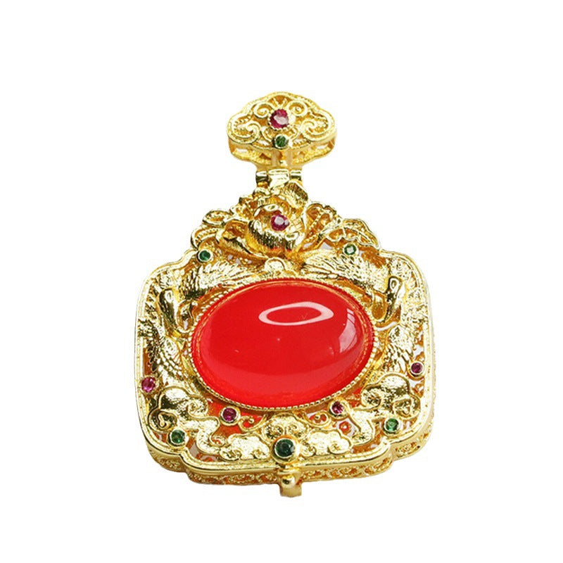Oval Red Agate Phoenix Sachet Openable Golden Pendant