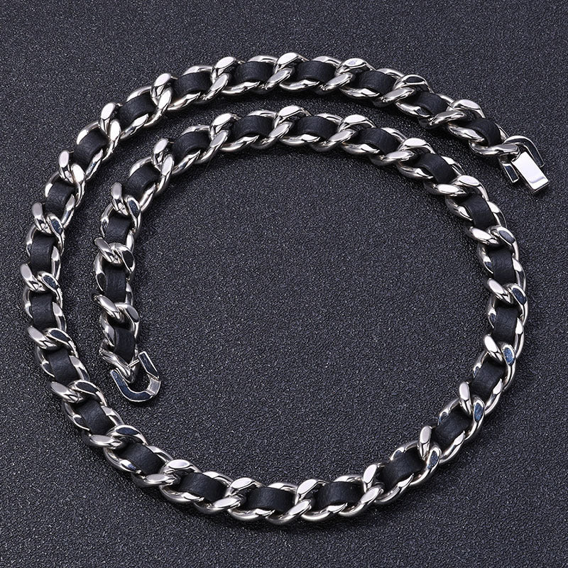 Planderful Jewelry Leather Wrapped Cuban Chain Necklace