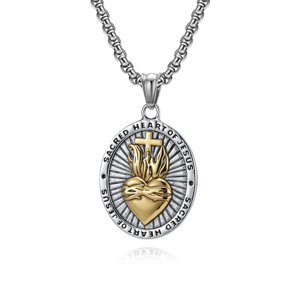 Planderful Sacred Heart Cross Necklace For Men Titanium Steel Durable Retro European American Design