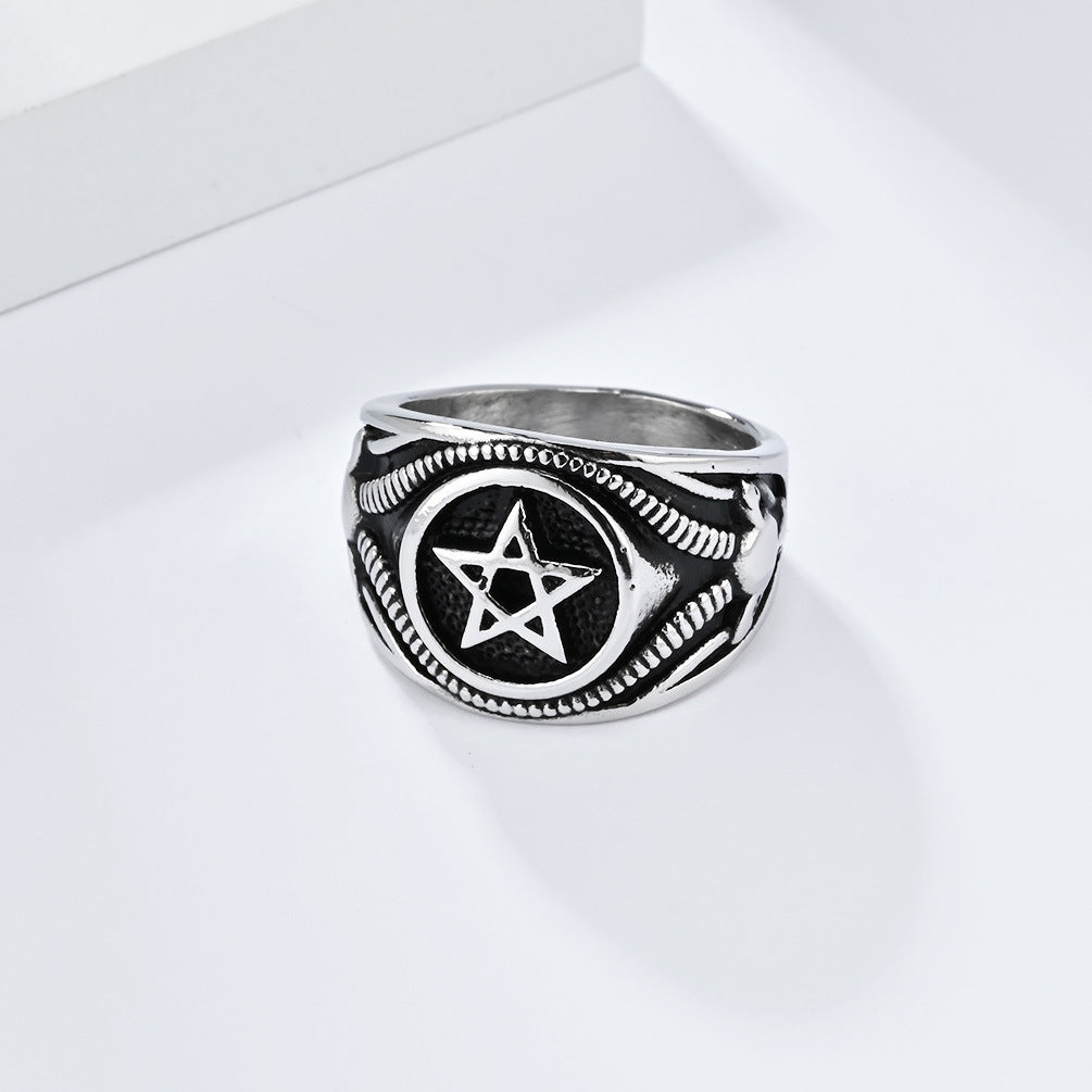 Planderful Gothic Pentagram Ring For Men Durable Titanium Steel Vintage Dark Wind Style For Modern Gothic Jewelry Lovers