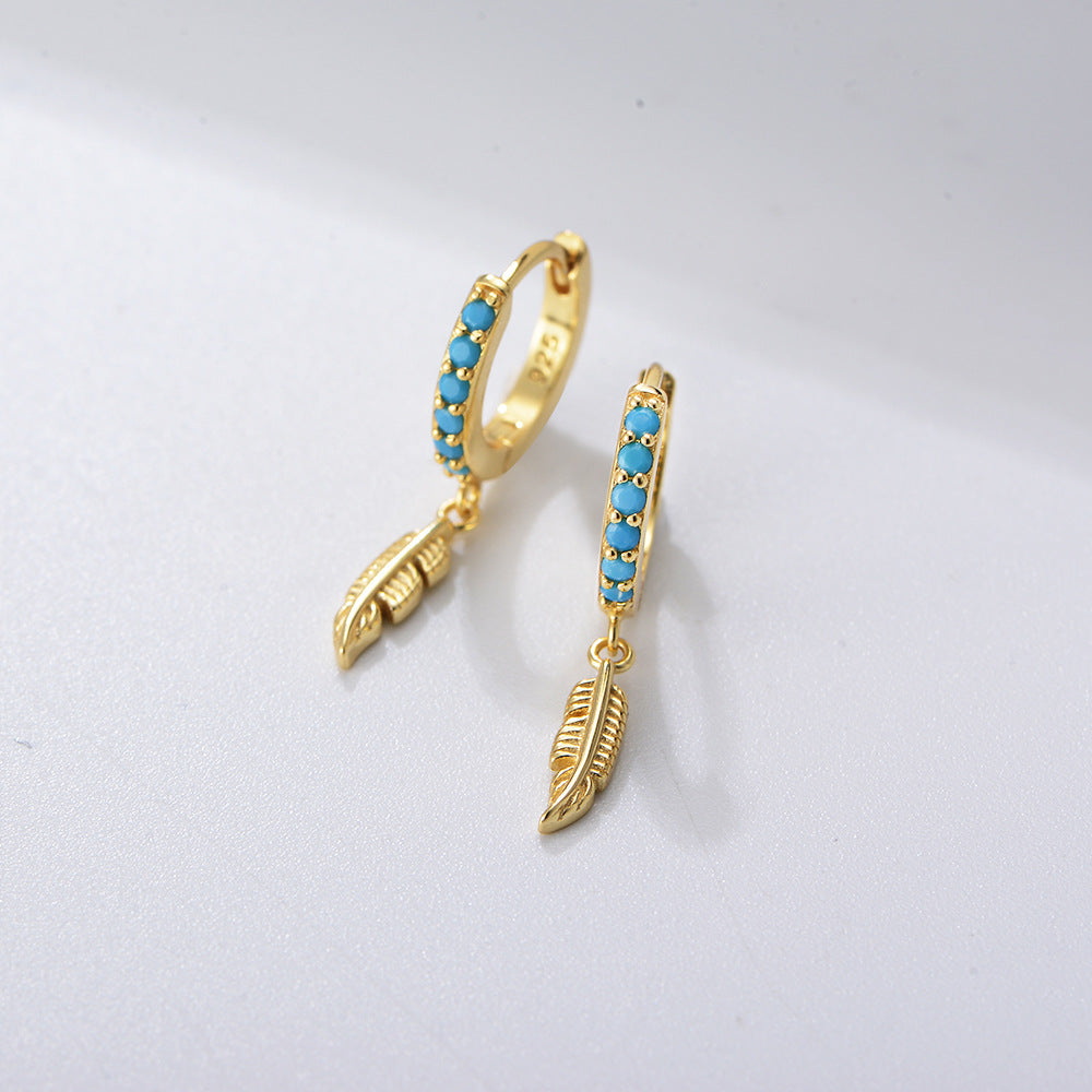 S925 Sterling Silver Turquoise Feather Ear Buckle Earrings High-End Earrings