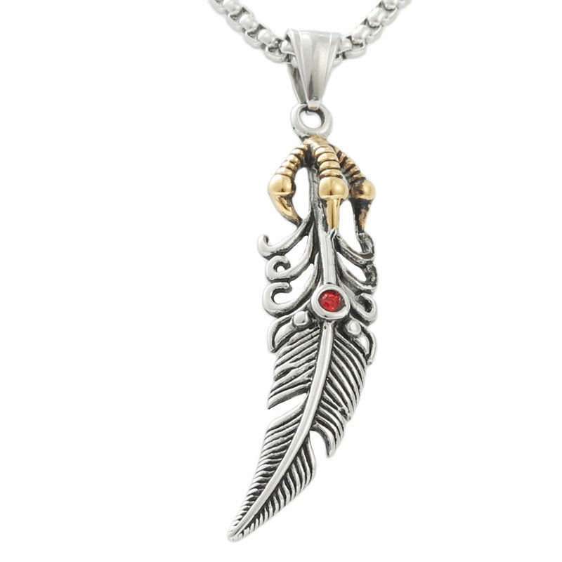 Men's Retro Titanium Steel Feather Pendant Necklace - Trendy Animal Design