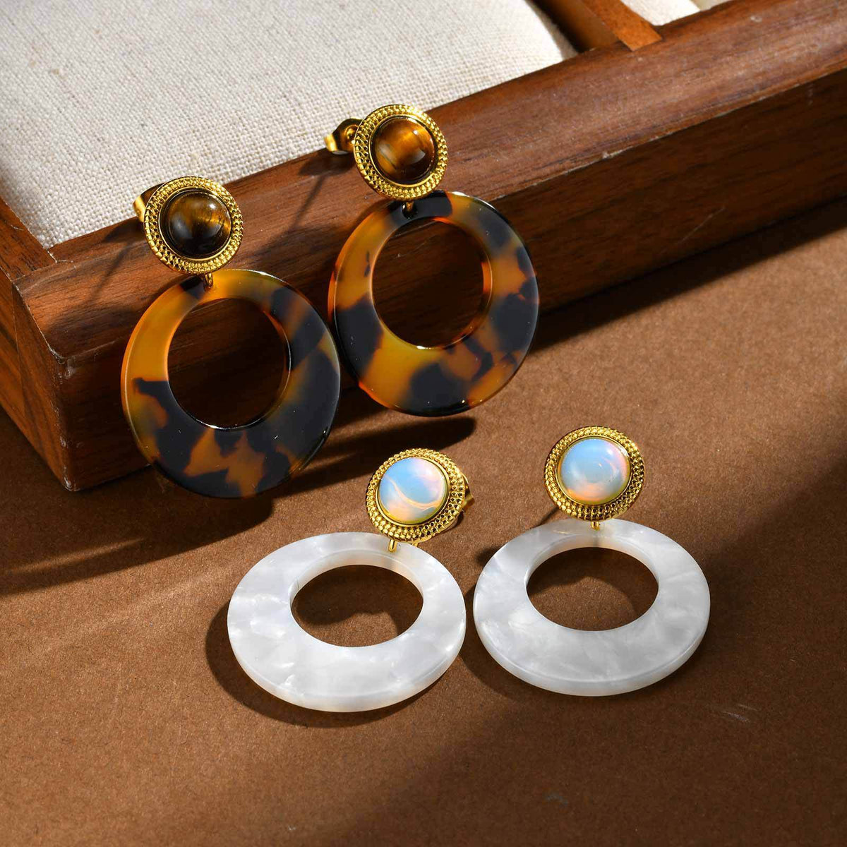 Stainless Steel Opal Tiger's Eye Vintage Earrings