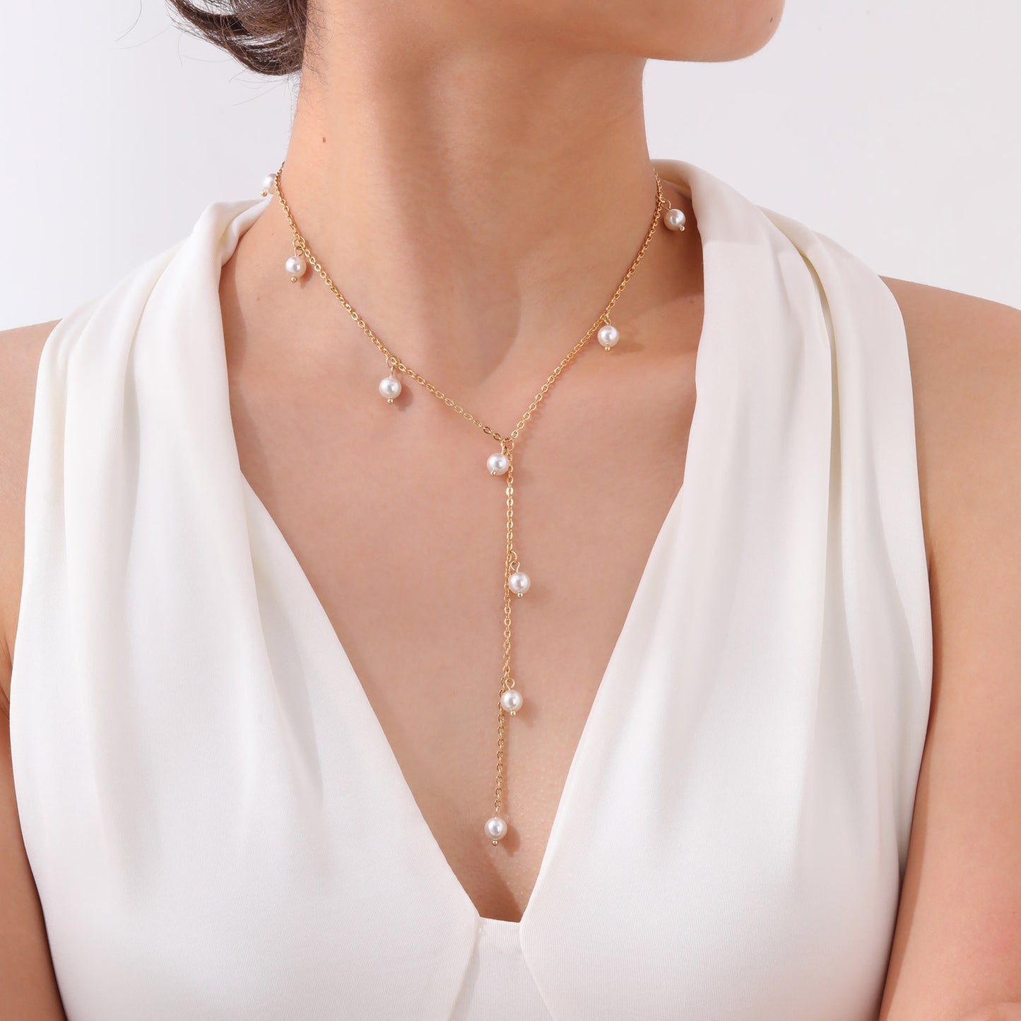 Stainless Steel Grinding Chain Imitation Pearl Fringed Y-Shaped Gold Necklace