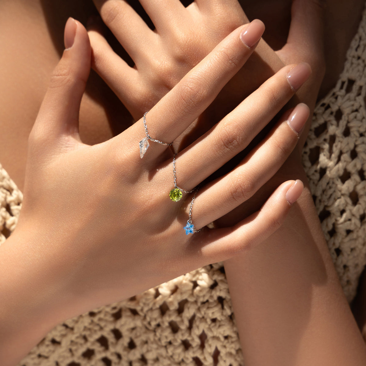 925 Sterling Silver Multicolor Zircon Adjustable Chain Ring