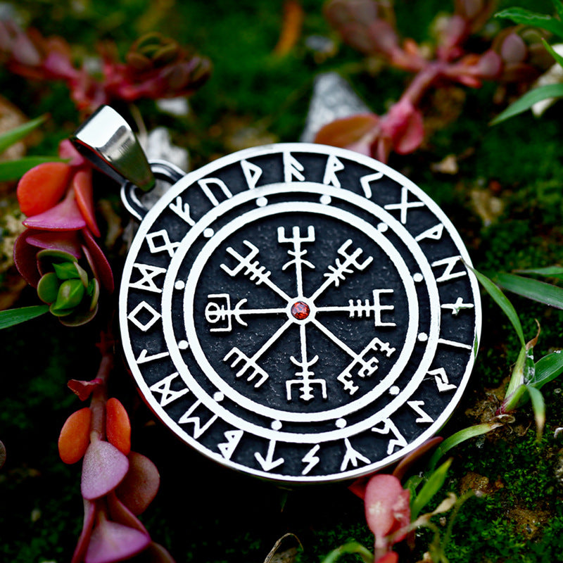 Nordic Viking-Inspired Titanium Steel Pendant with Inlaid Stone for Men - Wholesale Compass Design