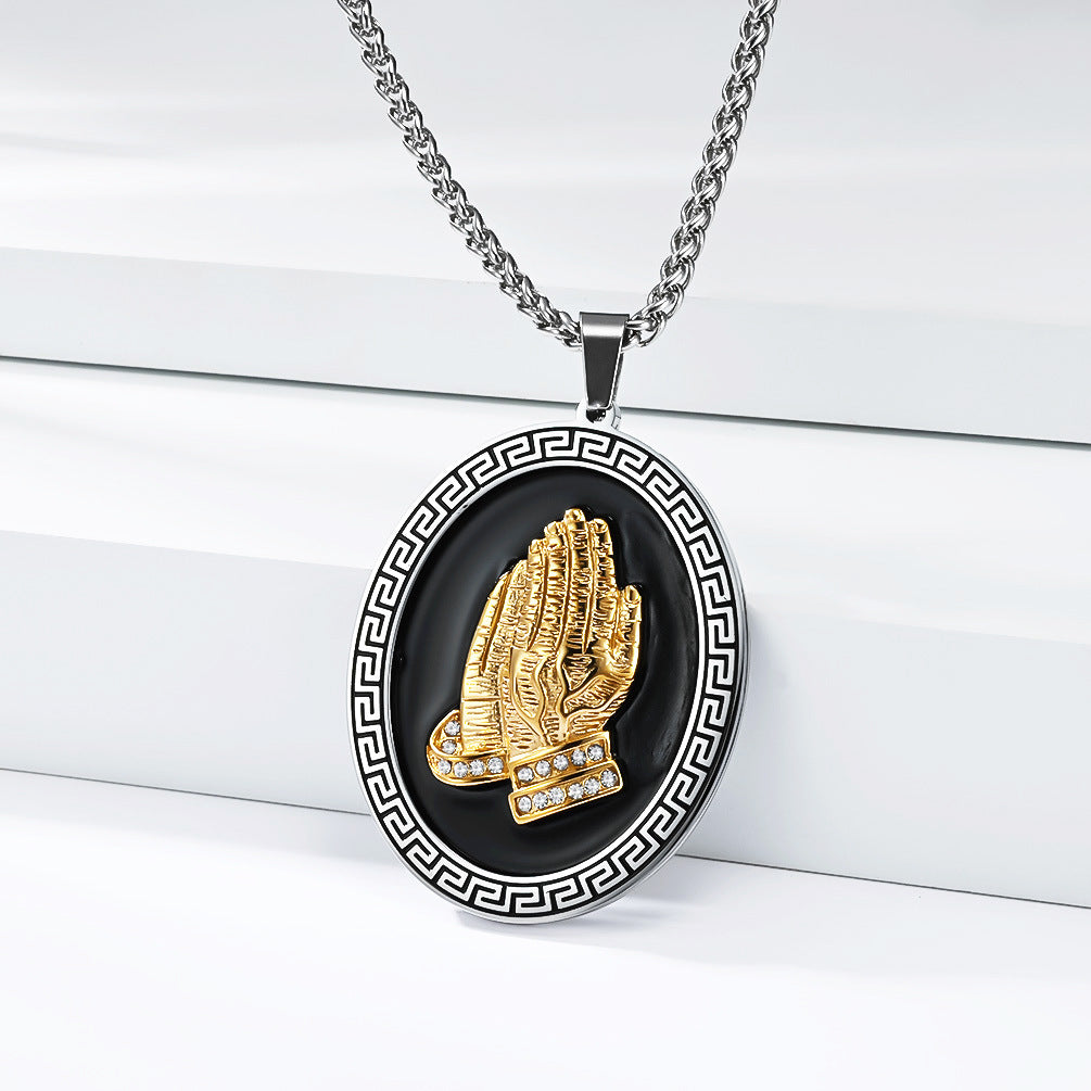 Planderful Prayer Hand Titanium Steel Pendant Unisex Necklace Protection Statement Hip Hop Street Style