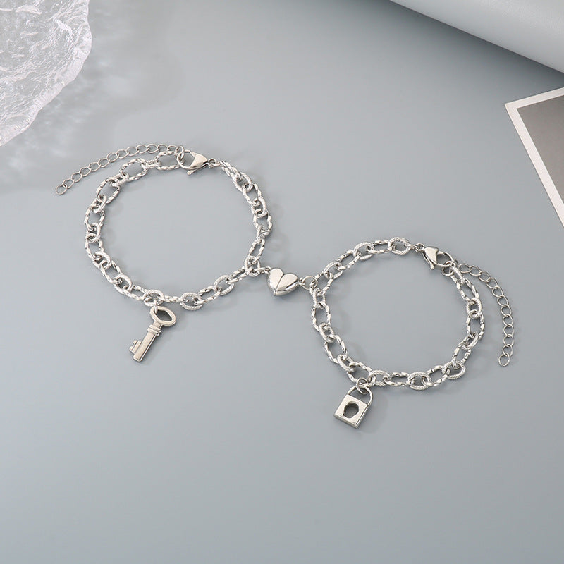 Key Love Magnet Titanium Steel Bracelet – Design Heart Lock Couple