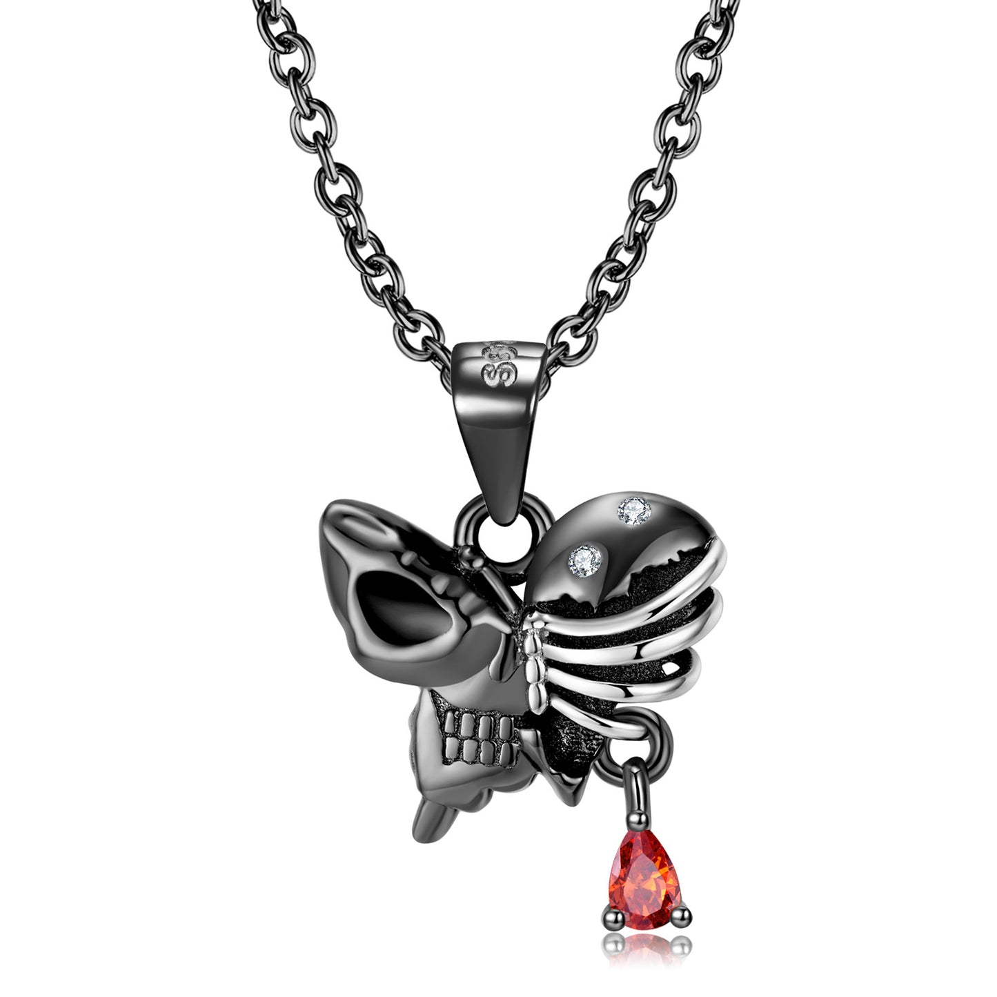 Halloween Butterfly Skull Skeleton with Pear Shape Red Zircon Silver Necklace