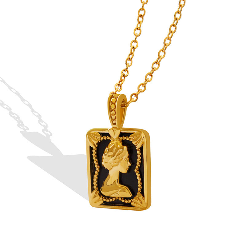 Courtly Charm Geometric Portrait Necklace - Vintage Gold-Plated Jewelry
