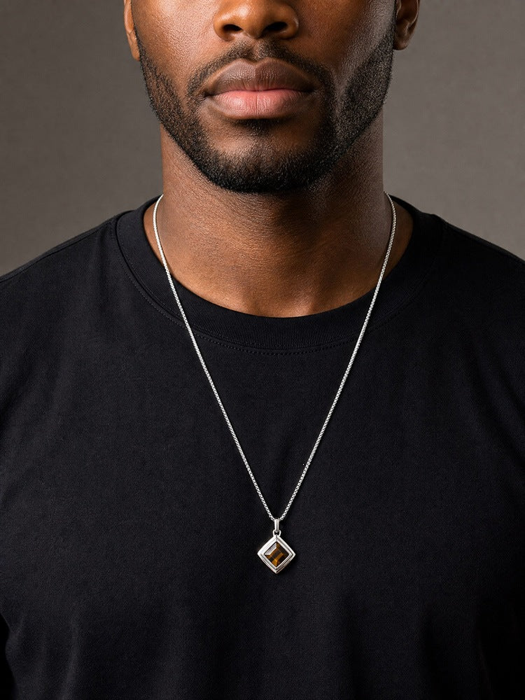 Men's Stainless Steel Square Tiger's Eye Stone Pendant Necklace Punk Stacked Wear