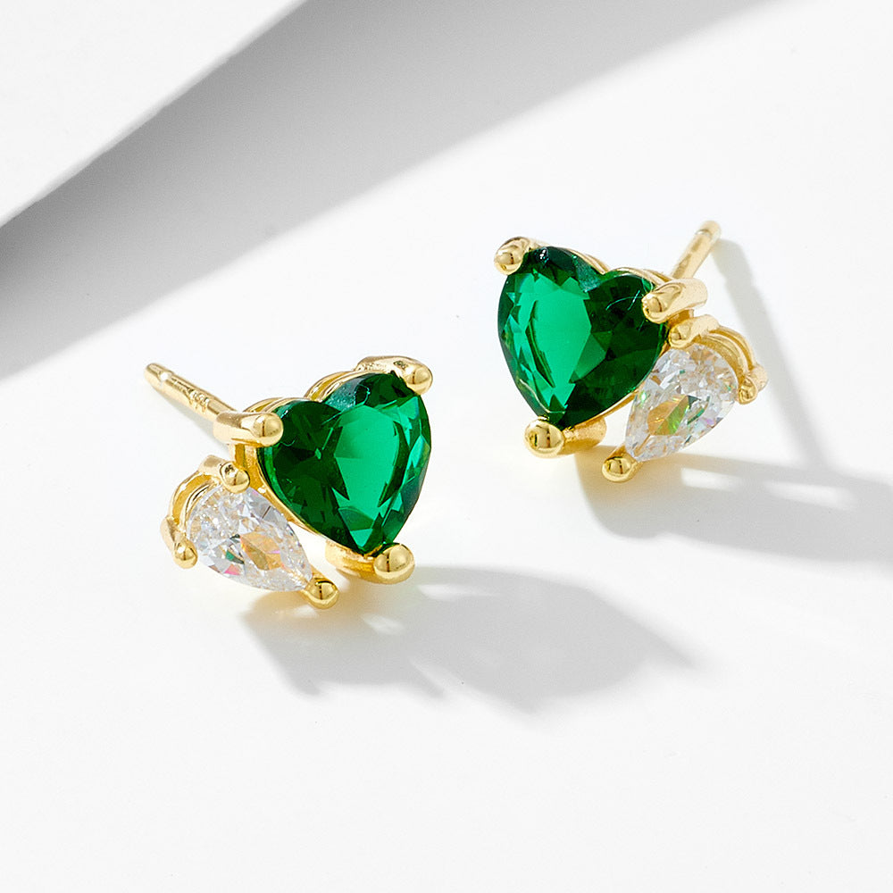 Emerald Heart-Shaped Zircon Sterling Silver Stud Earrings