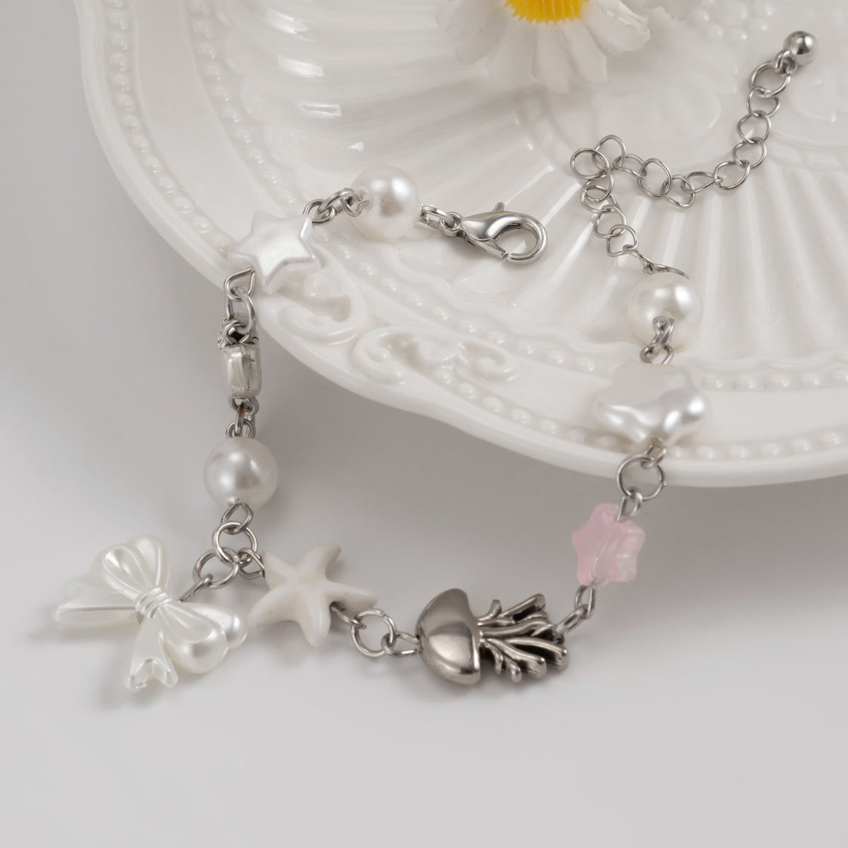 Planderful Pearl Bow Bracelet Imitation Pearls Fringed Statement Jewelry Lolita Style