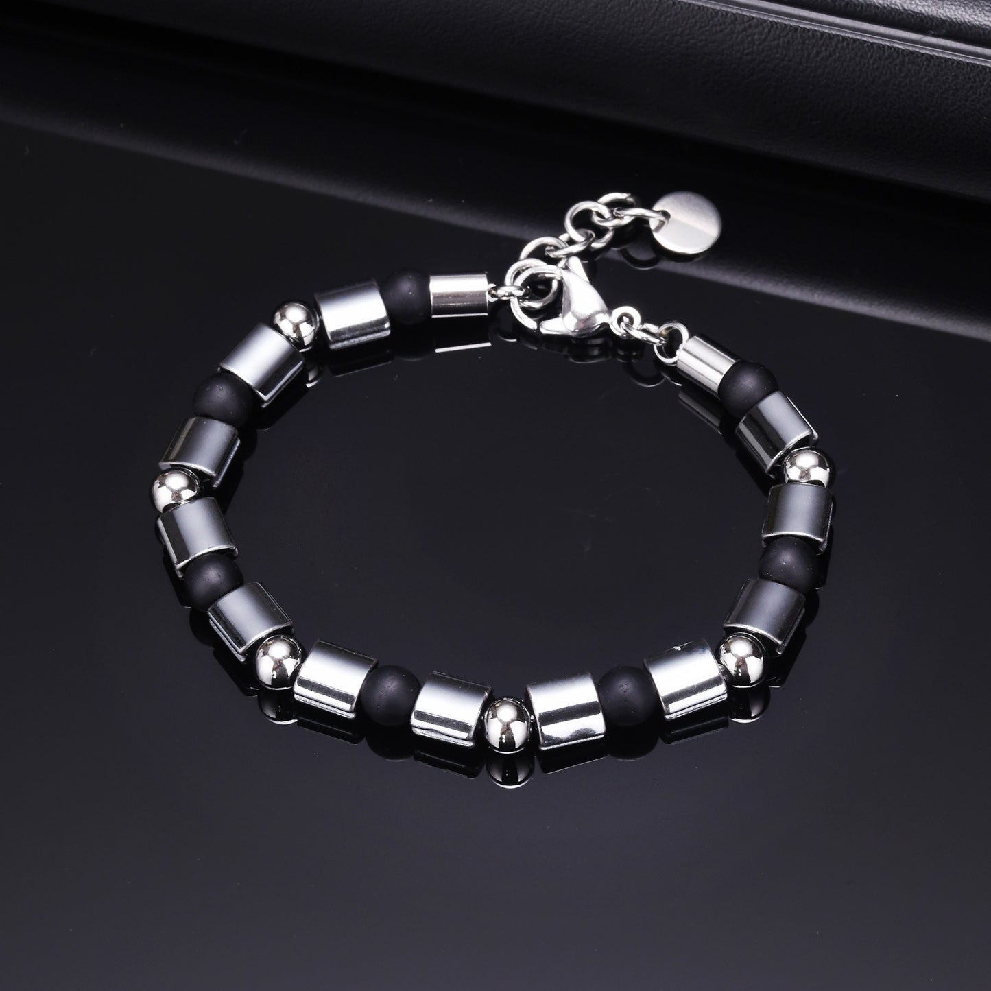 Men's Fashion Stainless Steel Frosted Agate Beaded Bracelet