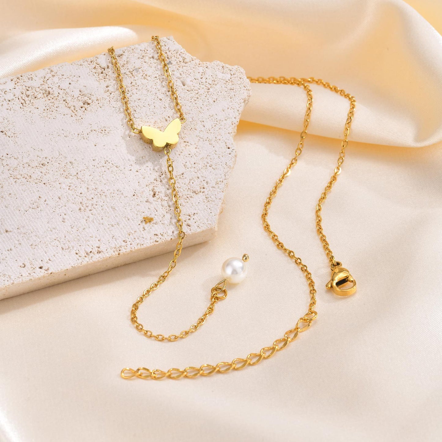 Butterfly Heart-Shaped Imitation Pearl Y-Shaped Gold Necklace Women's & Simplicity