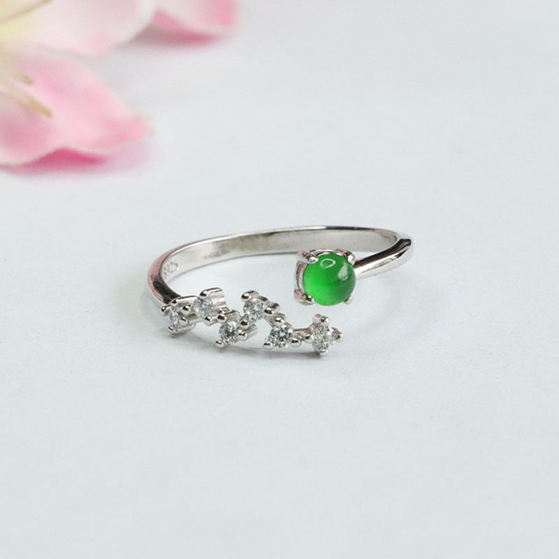 Sterling Silver Adjustable Ice Emperor Green Jade Ring with Zircon Stars