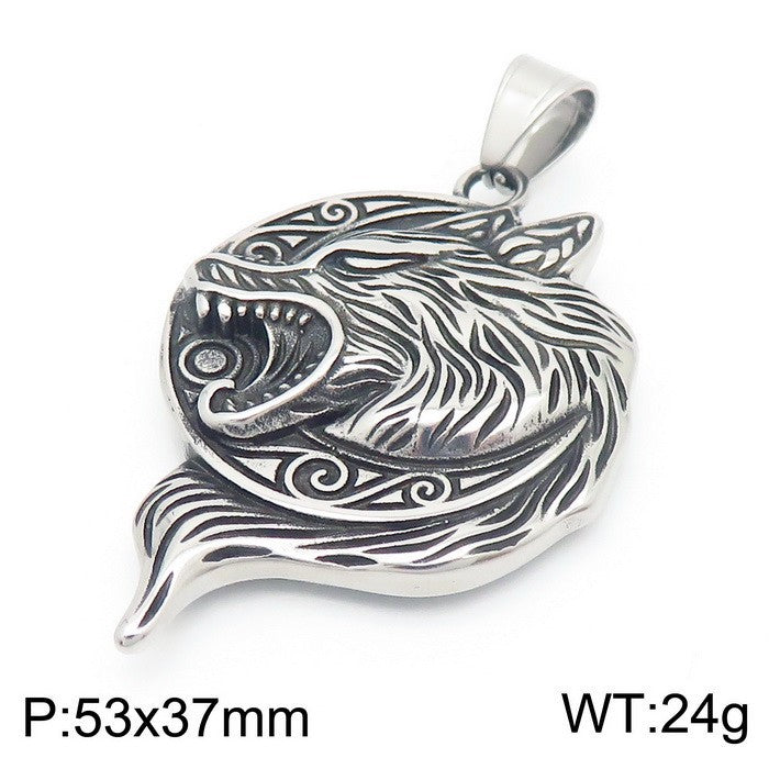 Retro Viking Wolf Head Pendant Necklace for Men in Stainless Steel and Titanium Gold