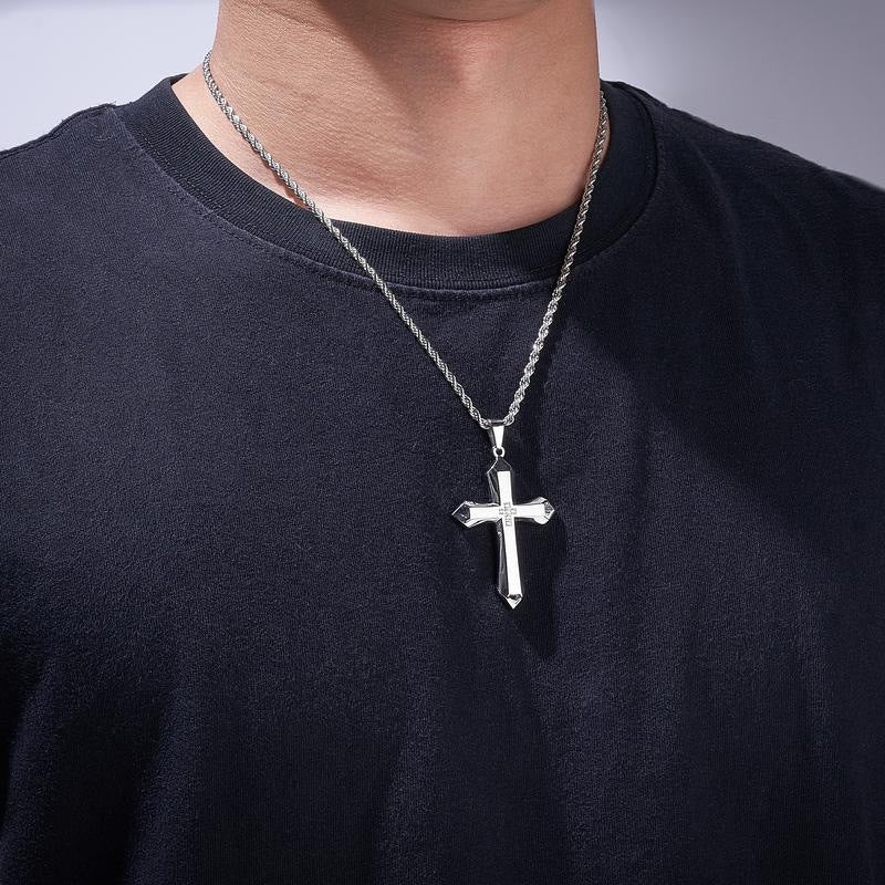 Trend jewelry European and American zircon cross necklace titanium steel men's hip-hop personality stainless steel pendant
