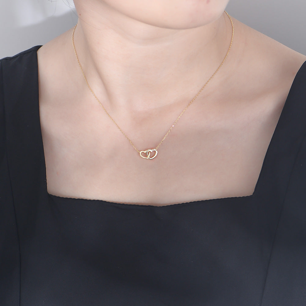 S925 Sterling Silver Zircon Love Interlocking Necklace Korean Version Classic Heart-Shaped Versatile Necklace