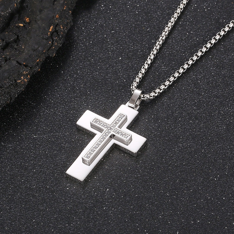 Popular, Cnc Zircon Double-Layer Cross Square Pearl Men's Stainless Steel Necklace