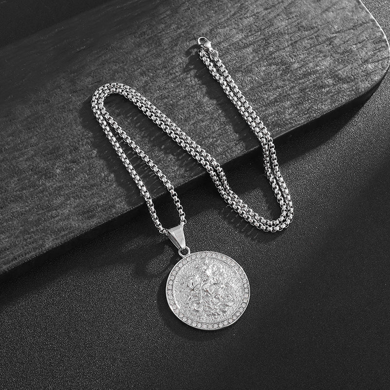 Planderful Hip Hop Necklace Titanium Steel Gold Plated St George Dragon Slayer Pendant For Hip Hop Fans