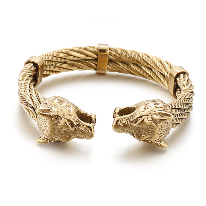 Punk Style Braided Wire – Lion Head Wolf Head Titanium Steel Men's Bracelet