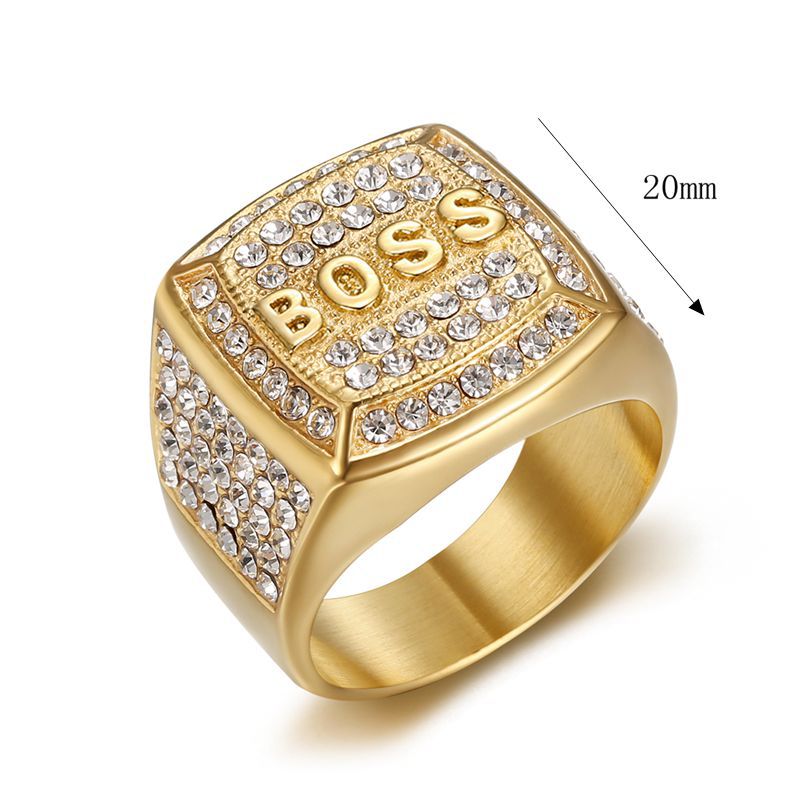 Planderful Hip Hop Ring For Men Titanium Steel Gold Plated Rhinestone Square Boss Letter Bold Statement Accessory