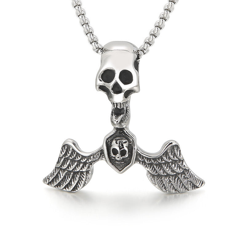 Exaggerated Angel Wings and Pirate Skull Pendant in Titanium Steel for Men