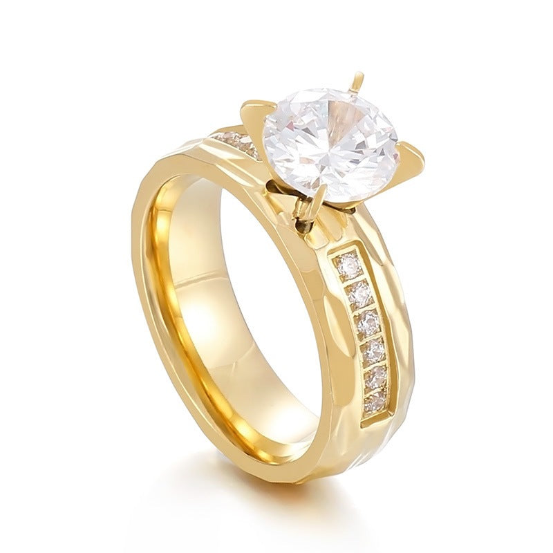 Hammer Pattern Four-Claw Inlaid Zircon Couple Ring, Stainless Steel