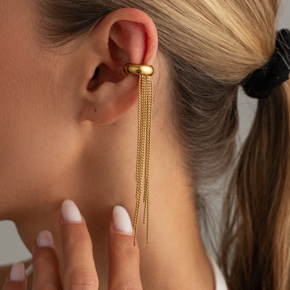 Planderful Vienna Verve Stainless Steel Ear Clip Statement With Long Tassel Chains For Non Pierced Ears