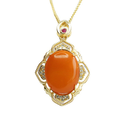 Golden Petal Honey Amber Necklace with Zircon Pendant