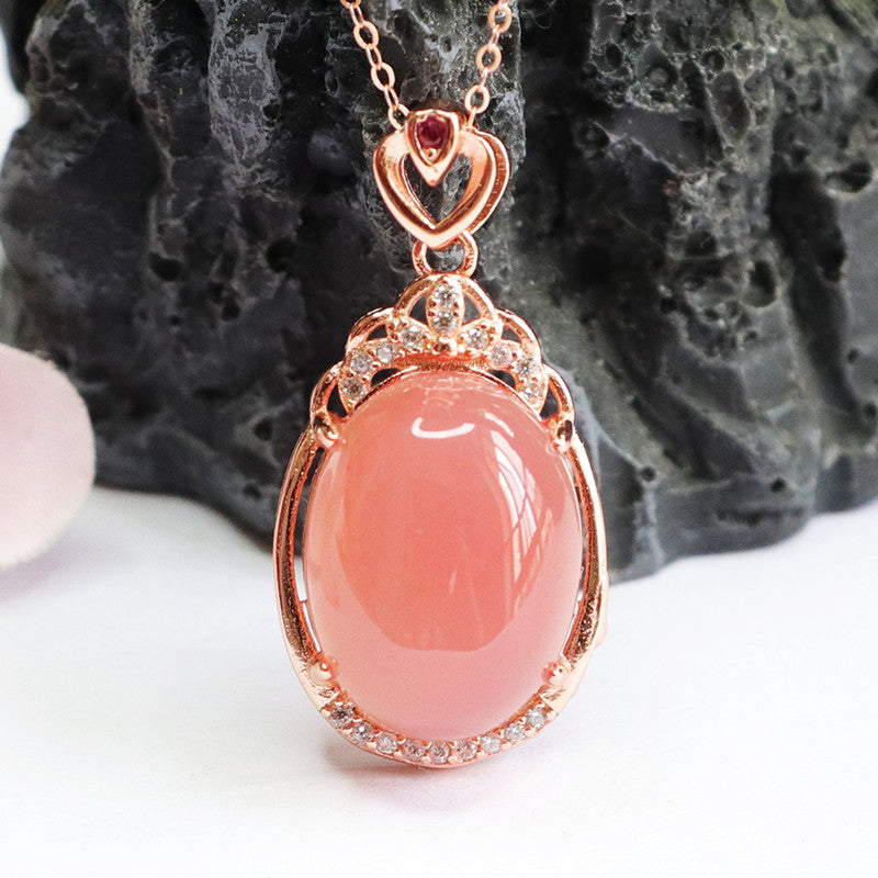 Sterling Silver Zircon Love Rose Gold Necklace with Natural Oval Agate Pendant