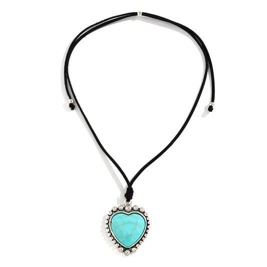 European-Inspired Bohemian Turquoise Adjustable Necklace with Love Pendant for Beach Vacations