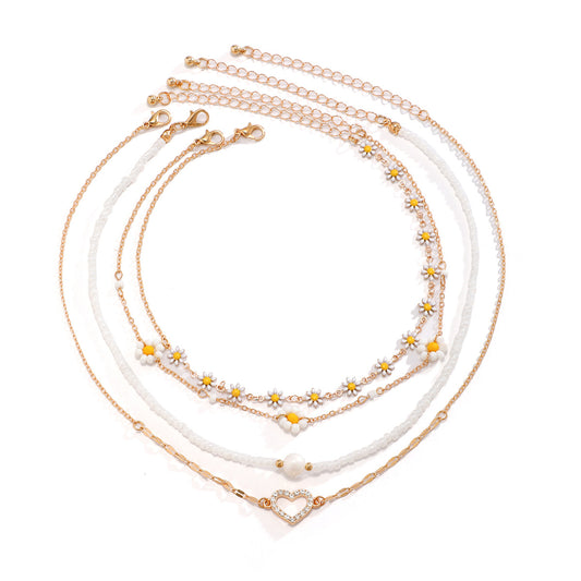 Heart-shaped Diamond and Pearl Necklace Set from European and American Jewelry, Sweet and Spicy Daisy Pearl Imitation Necklace, Unique Female Collarbone Necklace