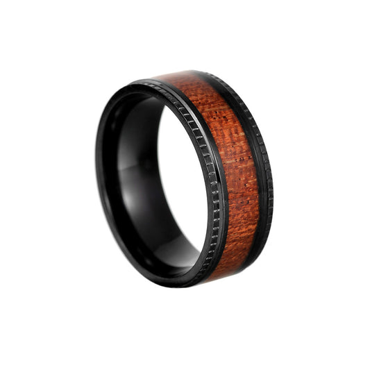 Natural Style Titanium Steel Men's Ring with Acacia Wood Inlay - European and American Design